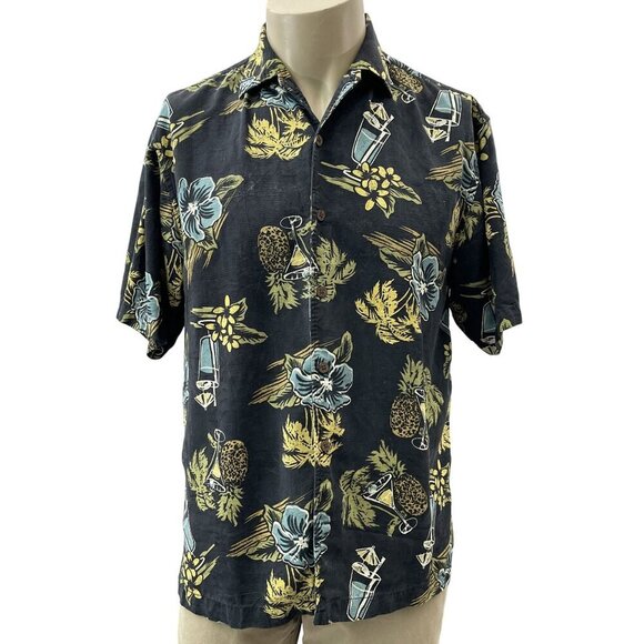 Tommy Baham Silk Hawaiian Button Shirt Martini Cocktail Floral‎ Pineapple Mens M - Picture 1 of 9